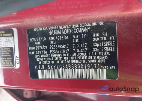 2011 Hyundai Santa Fe Gls z USA, uszkodzony, nr VIN 5XYZG3AB8BG019171